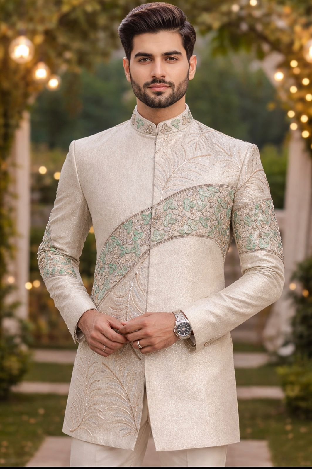 Elegant Off-White Jodhpuri with Pastel Mint & Silver Floral Embroidery
