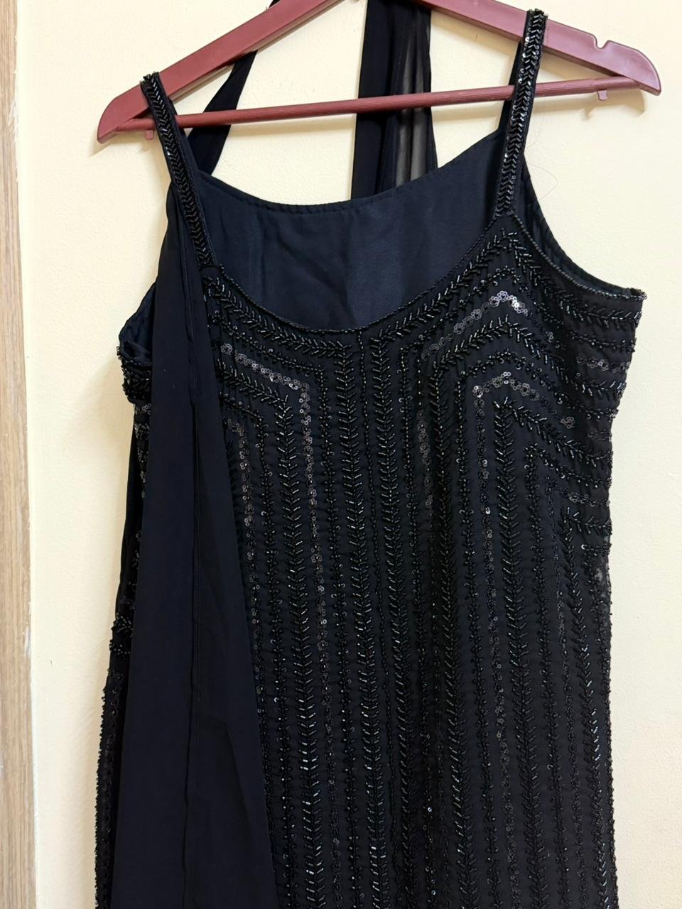 Elegant Black Sharara Set with Shimmering Beaded Sleeveless Top - Image 3